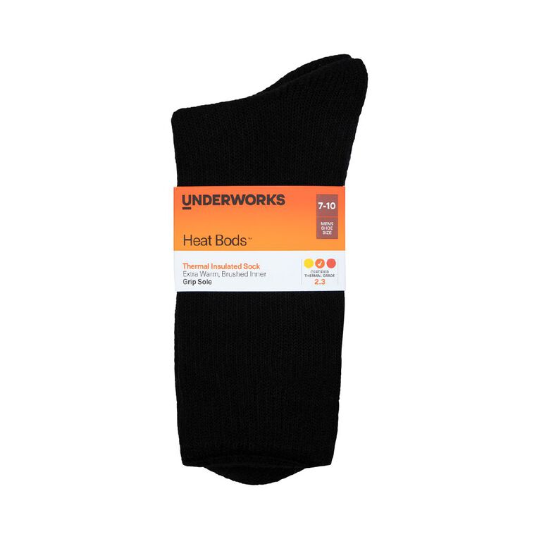 Underworks Men's Heat Bods Brushed Crew Socks 1 Pack, Black, hi-res