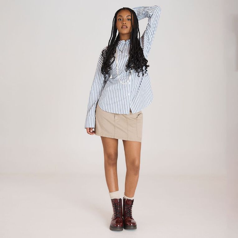 BRDRLESS Drew Tie Waist Shirt, White/Navy, hi-res