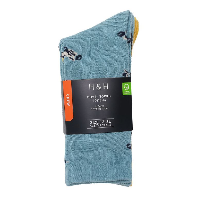 H&H Boys' Crew Jacquard Socks 5 Pack, Navy, hi-res
