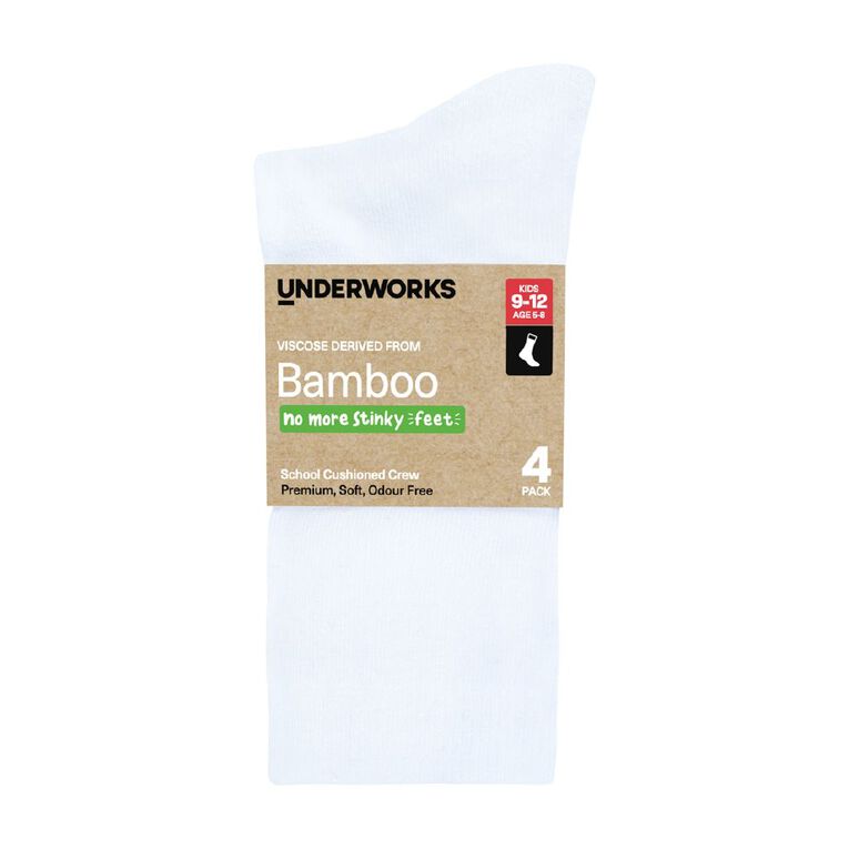 Underworks Kids' Bamboo School Crew Socks 4 Pack, White, hi-res