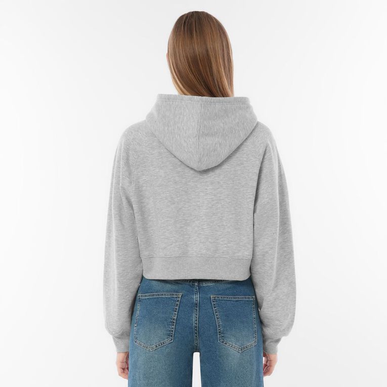 Garage Women's Cropped Diamante Studded Hoodie, Grey Marle, hi-res