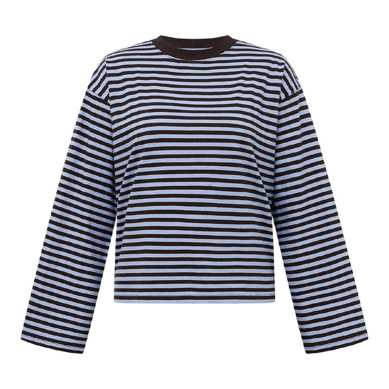 H&H Women's Long Sleeve Boxy Stripe Crew Neck Tee, Blue Mid, hi-res