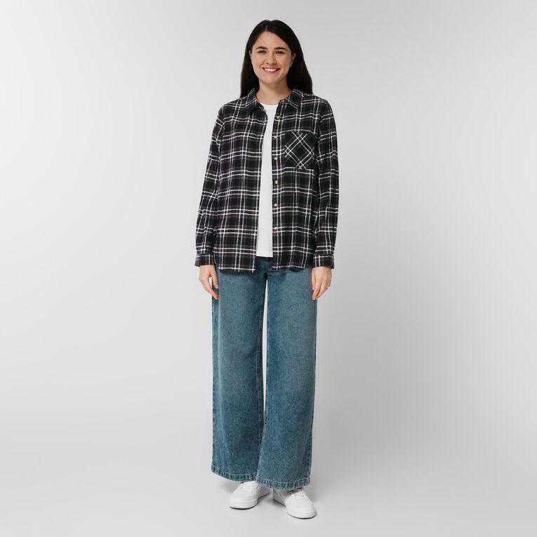 H&H Women's Long Sleeve Flannel Check Shirt, Black/Grey, hi-res