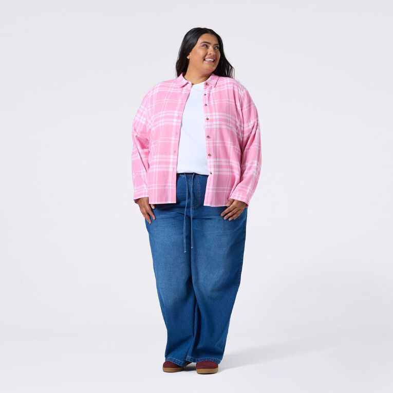 H&H Plus Women's Long Sleeve Flannel Shirt, Pink Light, hi-res