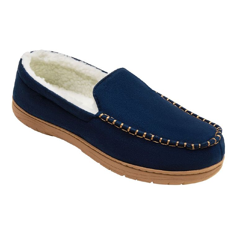 H&H Men's Harvey Moccasin Slippers, Navy, hi-res