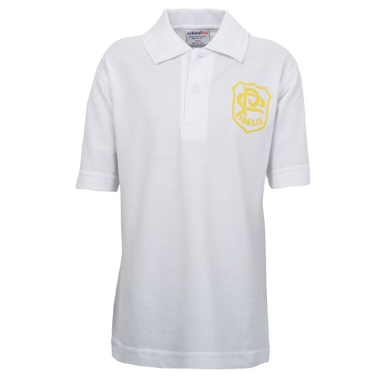 Schooltex St Patrick's Panmure Short Sleeve Polo with Screenprint, White, hi-res