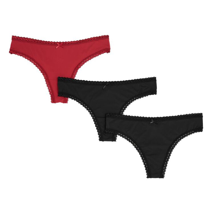H&H Women's Micro and Lace G-String Briefs 3 Pack, Black/Red, hi-res