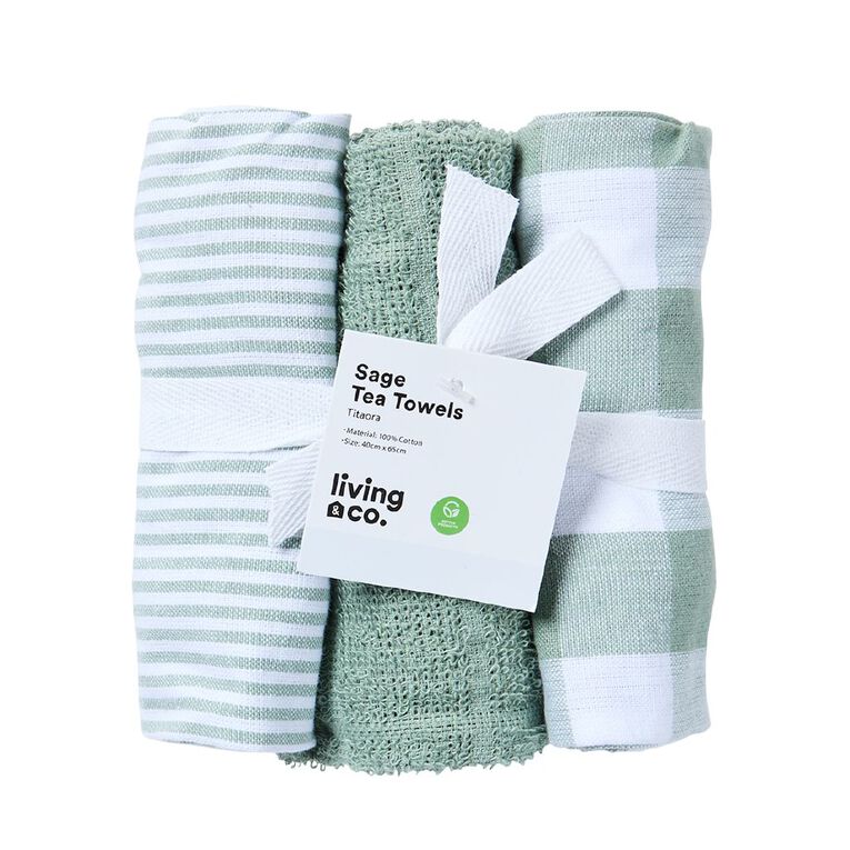 Living & Co Multi Pack Tea Towels Sage 3 Pack, , hi-res