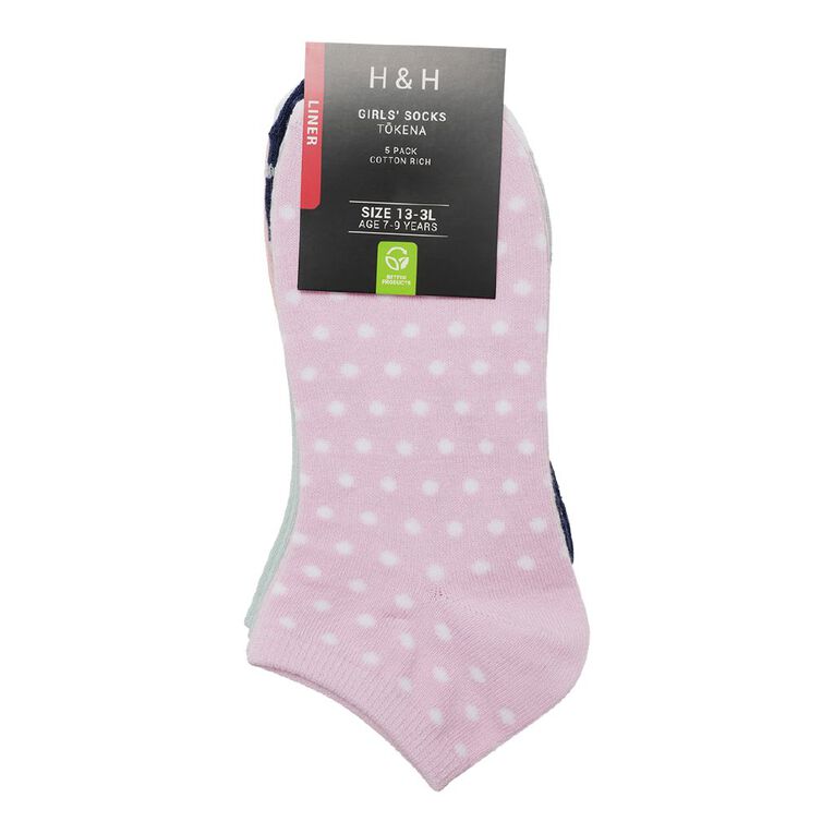 H&H Girls' Jacquard Liner Socks 5 Pack, Navy, hi-res