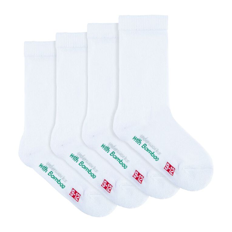 Underworks Kids' Bamboo School Crew Socks 4 Pack, White, hi-res