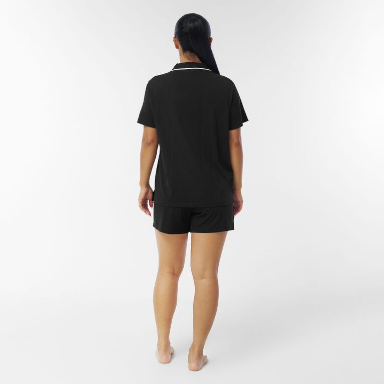 H&H Women's Button Up Short Sleeve Pyjama Set, Black, hi-res
