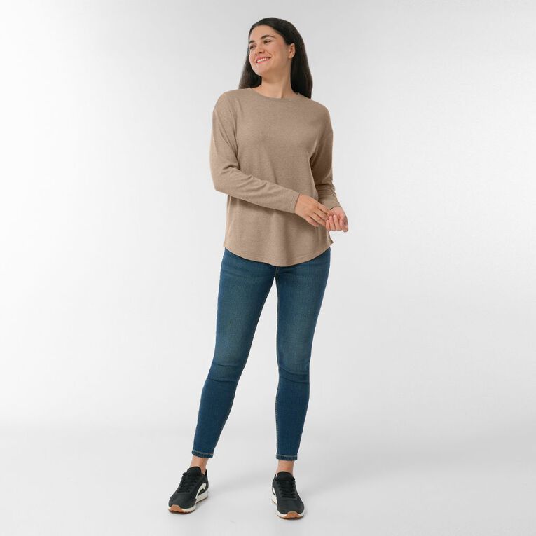 H&H Women's Brushed Fleece Drop Shoulder Top, Brown Mid, hi-res