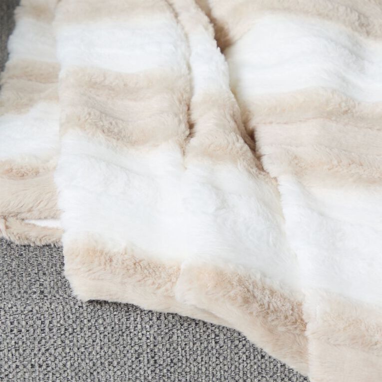 Living & Co Throw Faux Fur Stripe Natural 127cm x 152cm, , hi-res