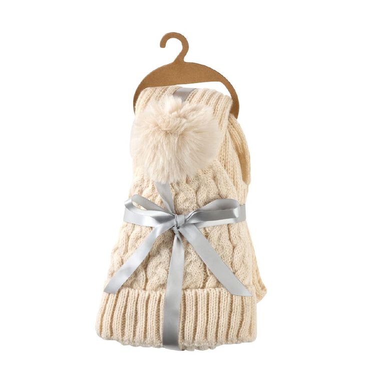 H&H Women's Beanie & Scarf Set, Cream, hi-res