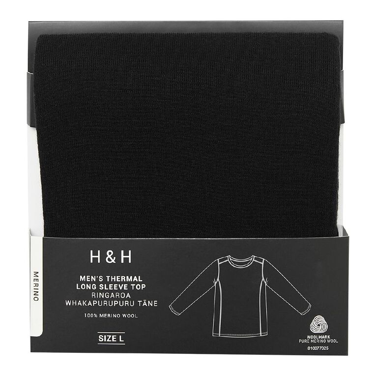 H&H Men's Merino Thermal Long Sleeve Top, Black, hi-res
