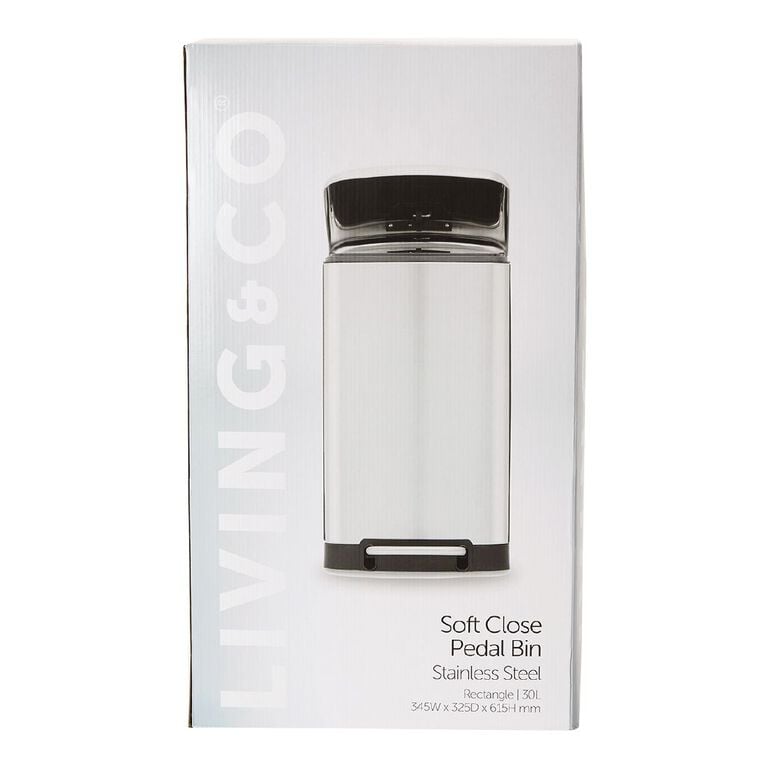 Living & Co Soft Close Pedal Bin Stainless Steel Rectangle Silver 30L, , hi-res