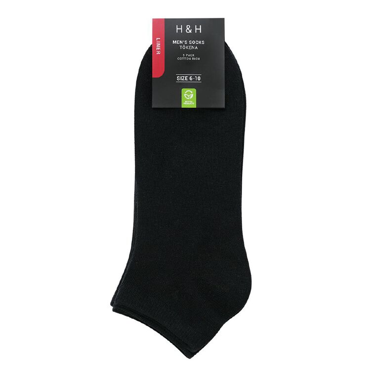 H&H Men's Liner Plain Socks 5 Pack, Black, hi-res