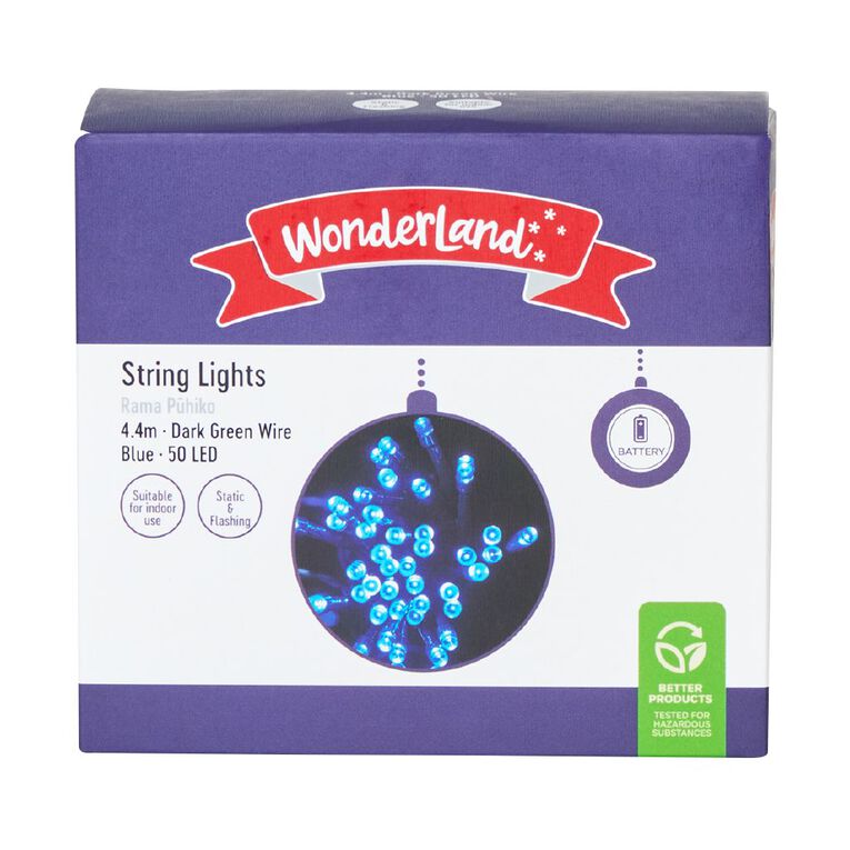Wonderland Battery String Lights Dark Wire 50 LED Blue, , hi-res