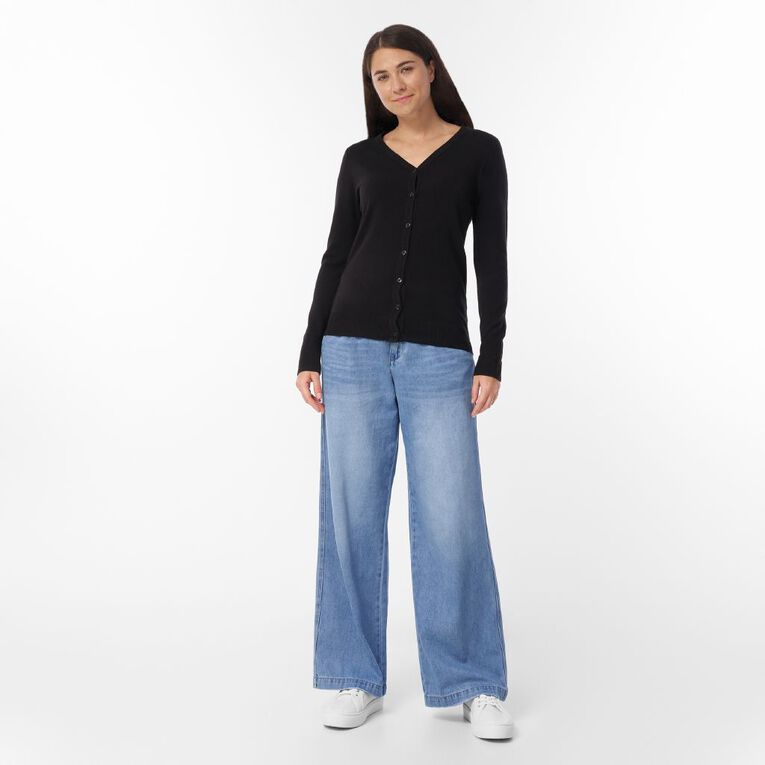 H&H Women's Belt Pleated Wide Leg Jean, Denim Mid, hi-res