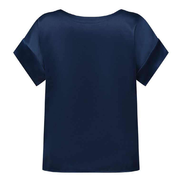 H&H Women's Short Sleeve Satin Shell Top, Navy, hi-res