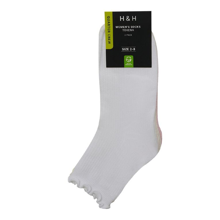 H&H Women's Frill Quarter Crew Socks 3 Pack, White, hi-res
