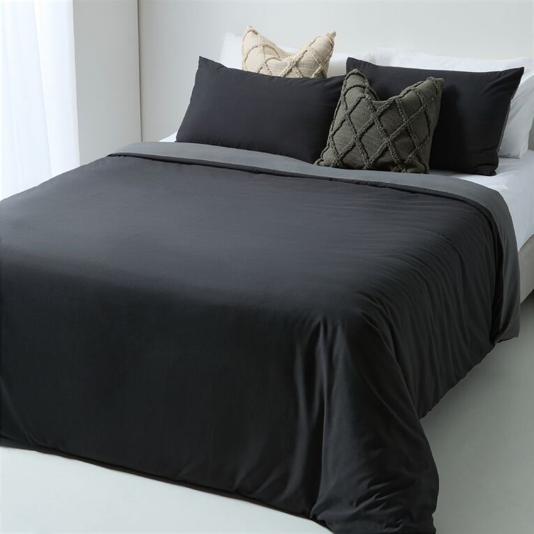 Living & Co Duvet Cover Set Microfibre Reversible Black/Grey Single, , hi-res