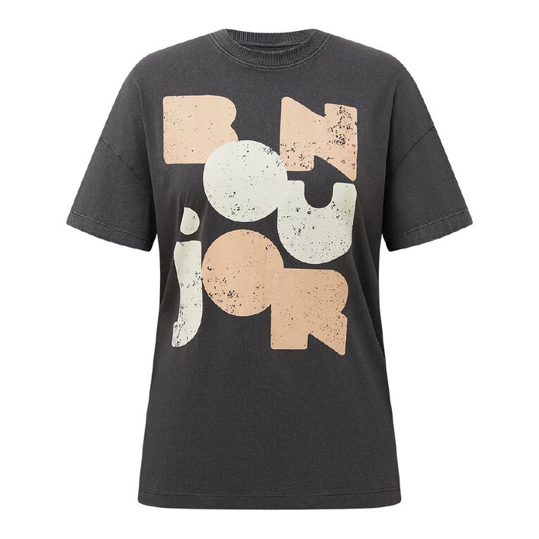 H&H Women's Short Sleeve Boyfriend Graphic Tee, Grey Dark BONJOUR, hi-res
