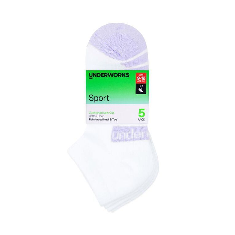 Underworks Girls' Cushioned Sport Low Cut Socks 5 Pack, White, hi-res