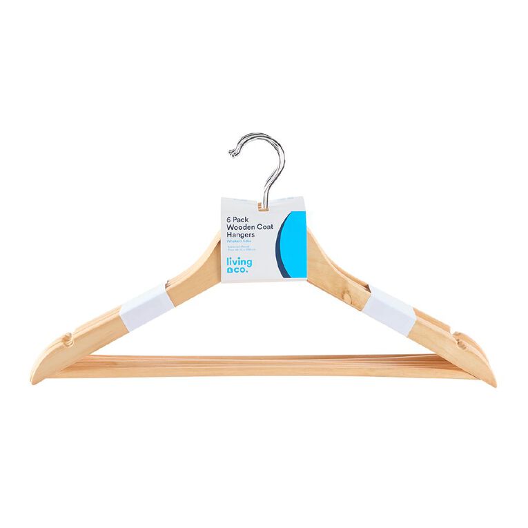 Living & Co Wooden Coat Hangers Natural 6 Pack, , hi-res