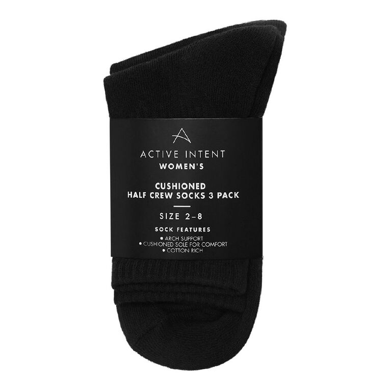 Active Intent Women's Cushioned Half Crew Socks 3 Pack, Black, hi-res