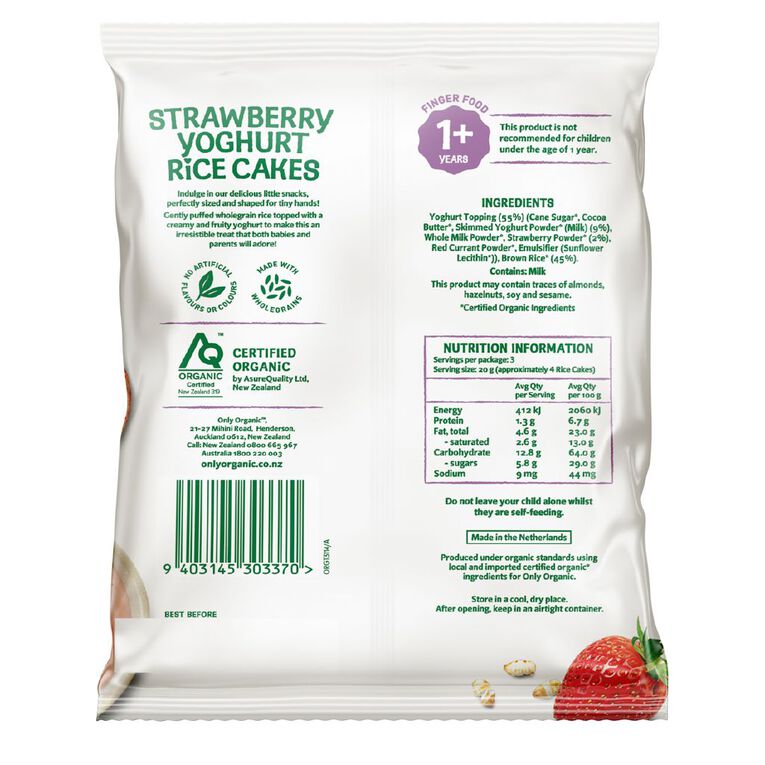 Only Organic Strawberry Yoghurt Rice Cakes 1+ Years 60g, , hi-res