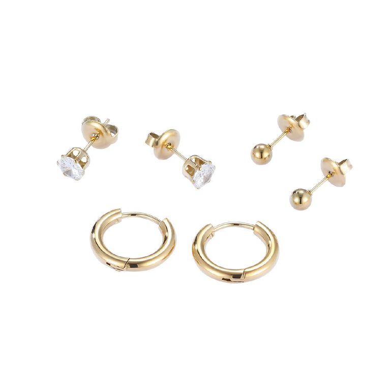 Waterproof Premium Ball CZ Sleeper Earrings 3 Pairs, , hi-res