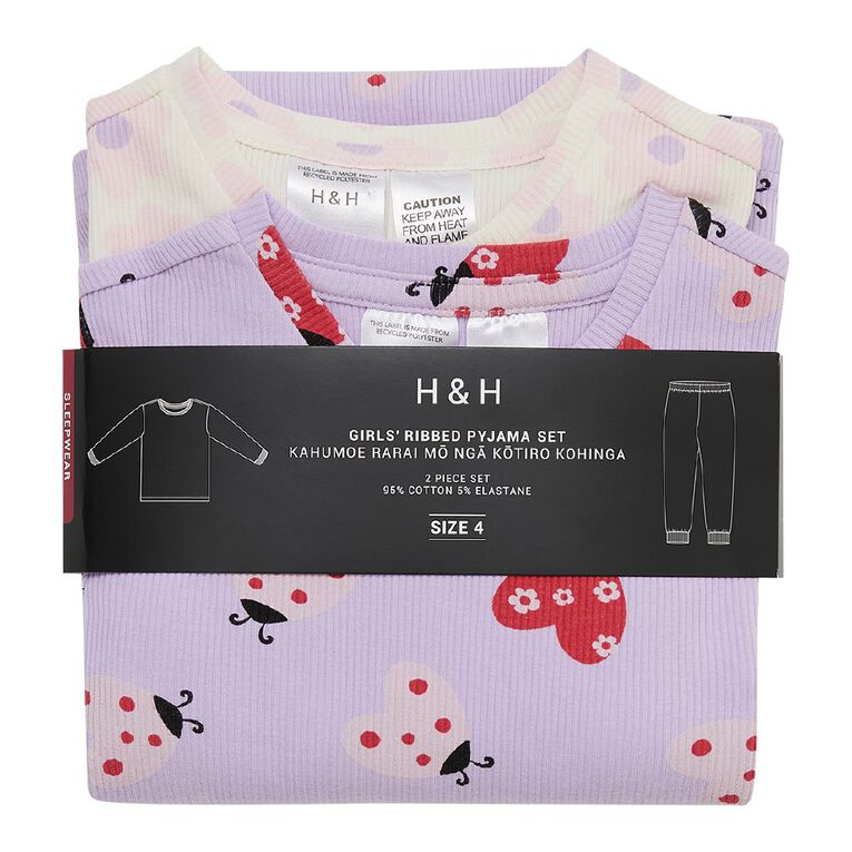 H&H Girls' Ribbed Long Sleeve Pyjama 2 Pack, Purple Mid, hi-res