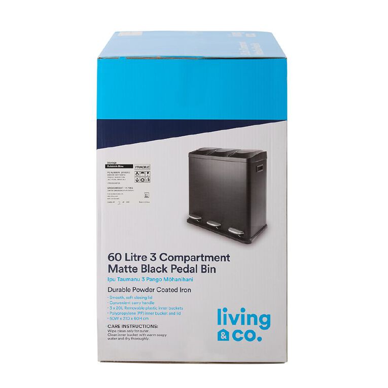 Living & Co 3 Pedal Bin Black 60L, , hi-res