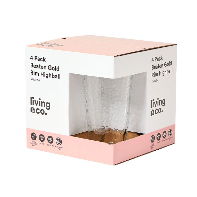 Living & Co Beaten Gold Rim HiBall Clear 4 Pack, , hi-res