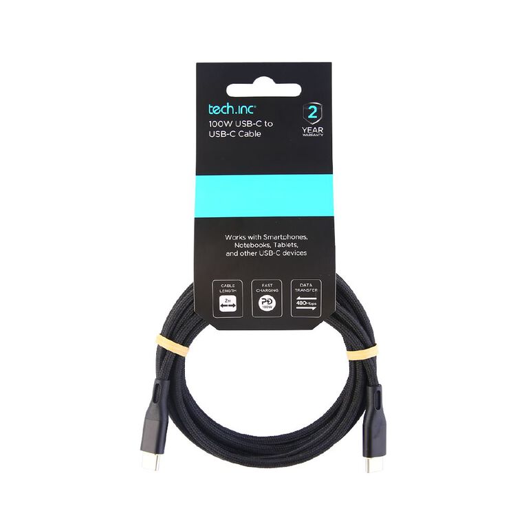 Tech.Inc 100W Braided Aluminum USB-C Charging Cable 2M Black, , hi-res