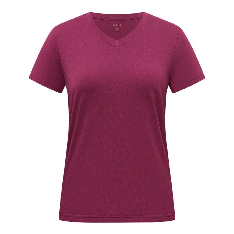 H&H Women's Short Sleeve Cotton V-Neck Tee, Purple Mid, hi-res