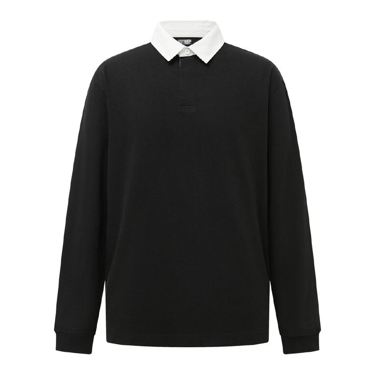H&H Men's Plain Rugby Polo, Black, hi-res