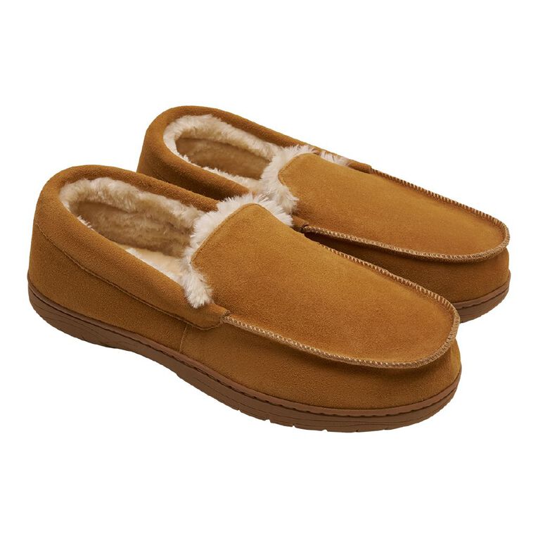 H&H Men's Leroy Leather Moccasin Slippers, Tan, hi-res