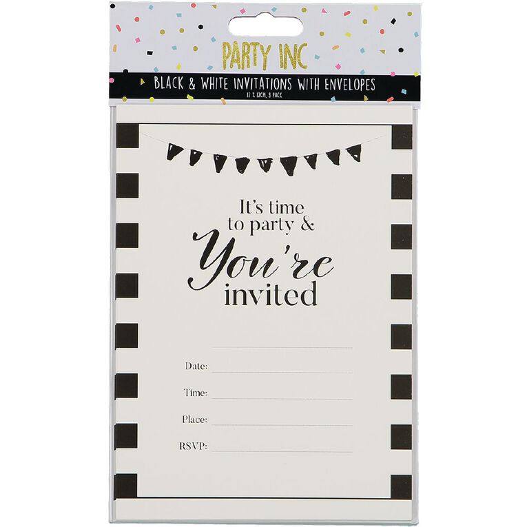 Party Inc Black & White Stripe Invitations with Envelopes 8 Pack, , hi-res