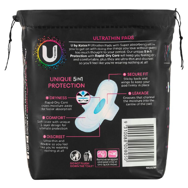 U By Kotex Ultra-thin Super Wings Pads 12 Pack, , hi-res