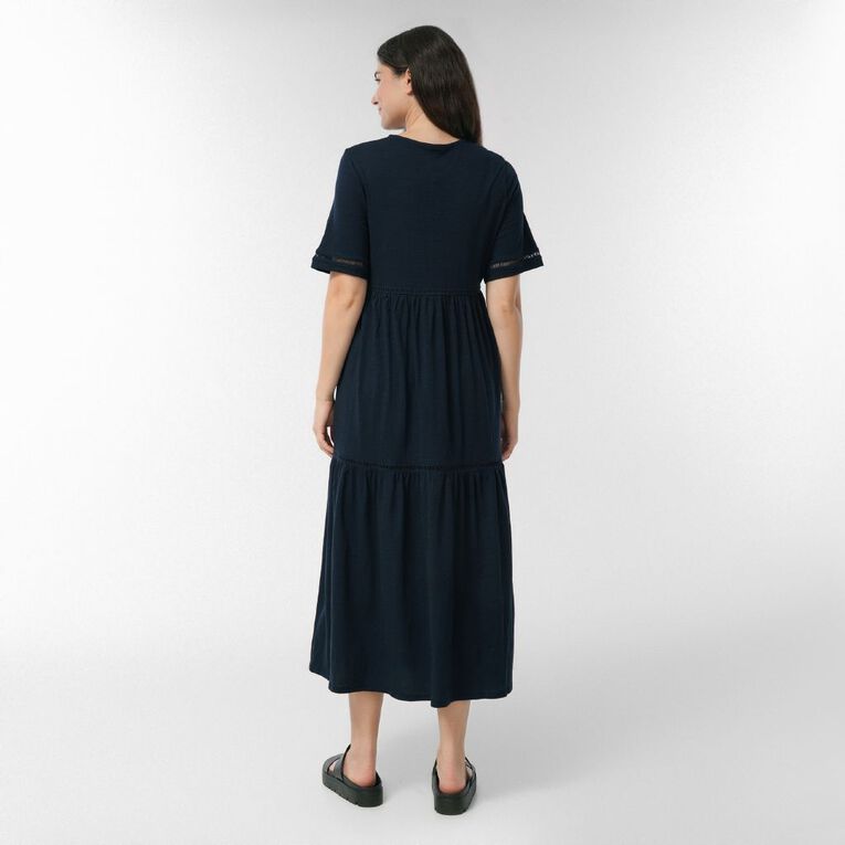 H&H Women's Crew Neck Slub Tiered Midi Dress with Lace Trim, Navy, hi-res