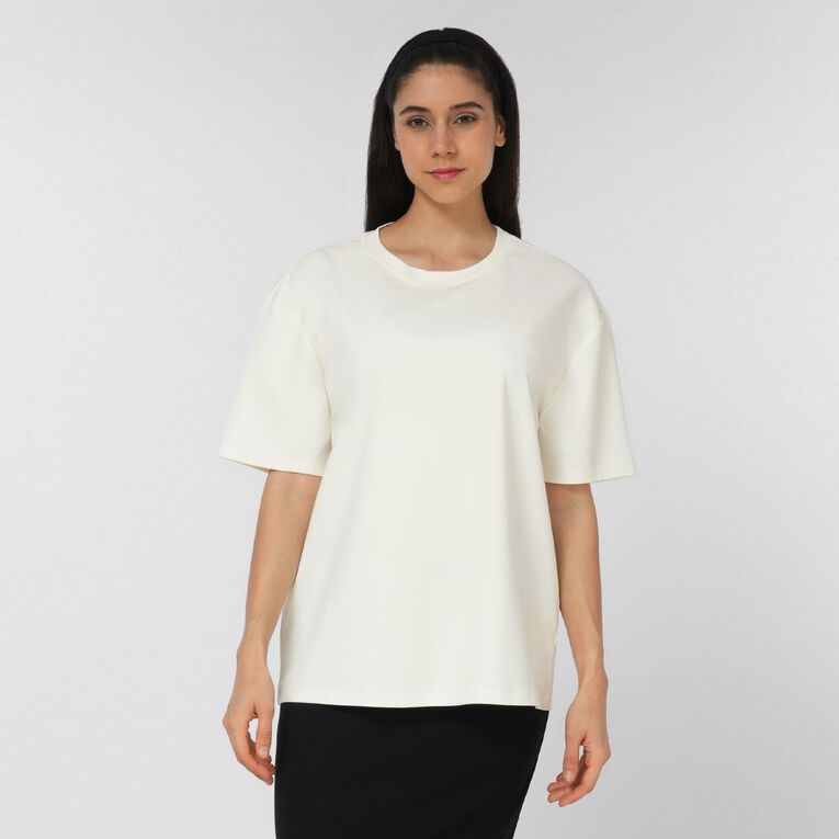 H&H Women's Short Sleeve Boxy Plain Tee, Cream, hi-res