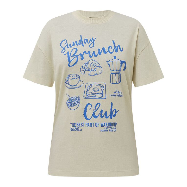 H&H Women's Short Sleeve Boyfriend Graphic Tee, Cream SUNDAY, hi-res