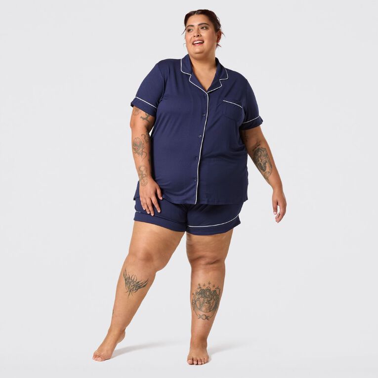 H&H Women's Curve Comfy Short Sleeve Button Through Pyjama Set, Blue Dark, hi-res