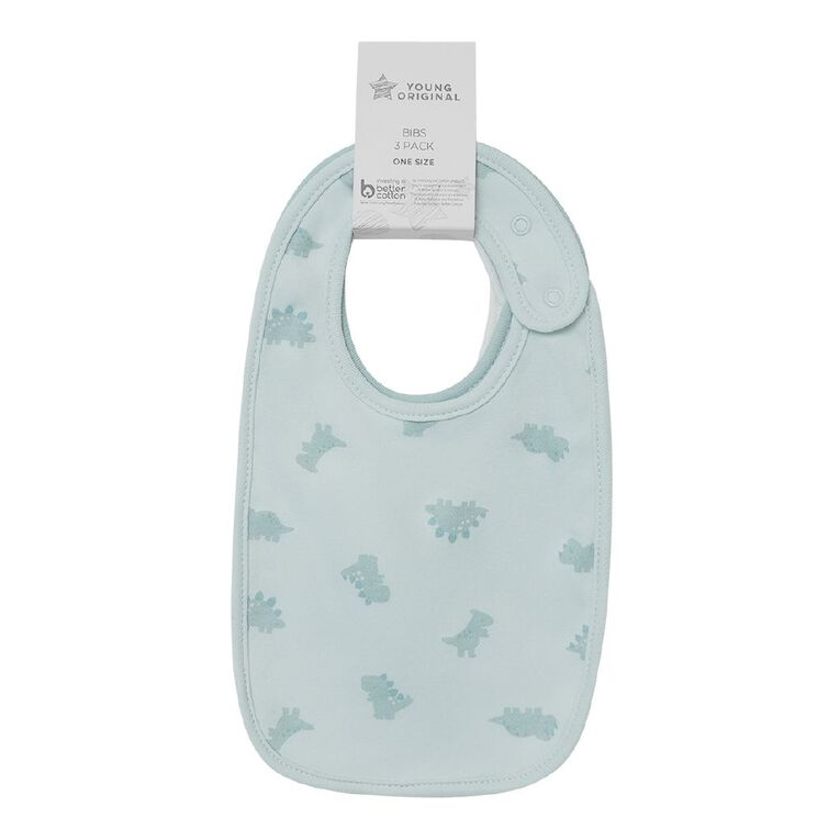Young Original Babies' Dome Bibs 3 Pack, Blue Light DINO, hi-res