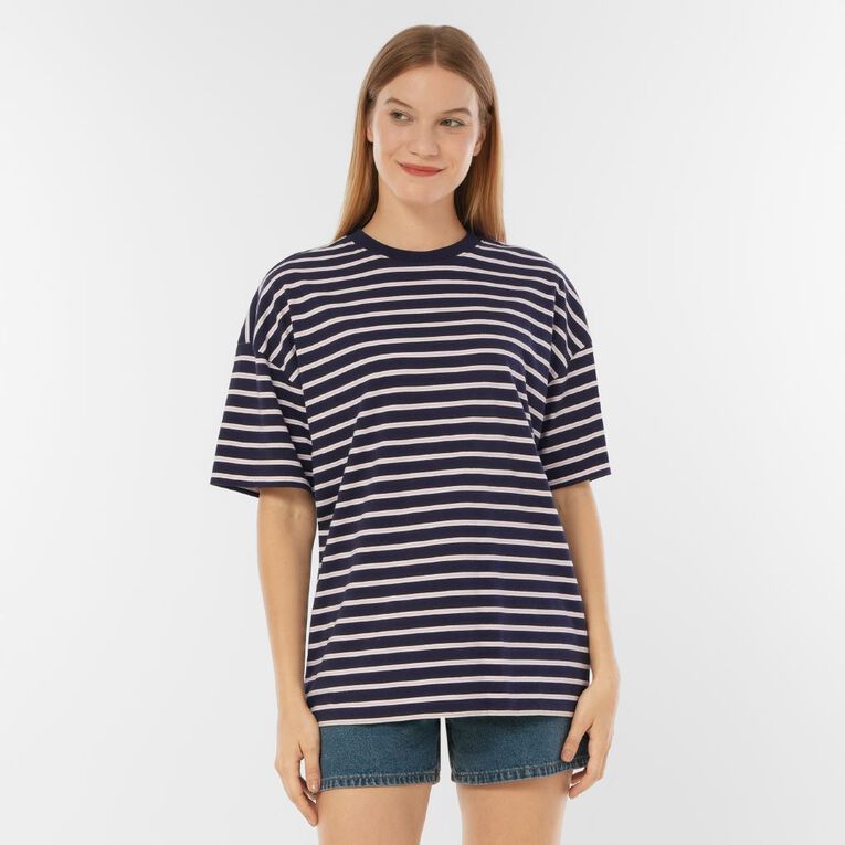 H&H Women's Oversized Boyfriend Stripe Tee, Navy, hi-res