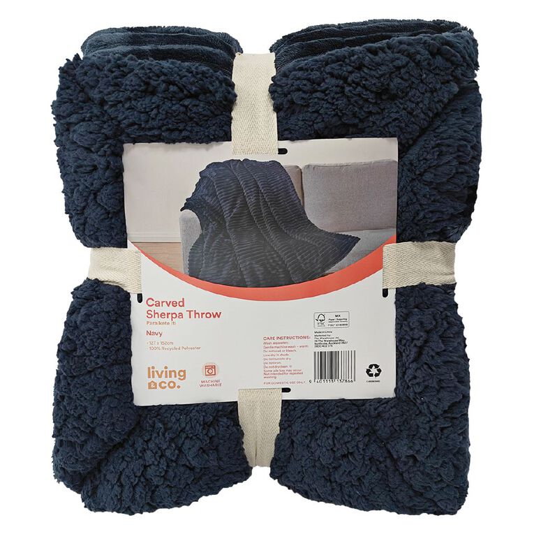 Living & Co Carved Sherpa Throw Navy 127cm x 152cm, Navy, hi-res
