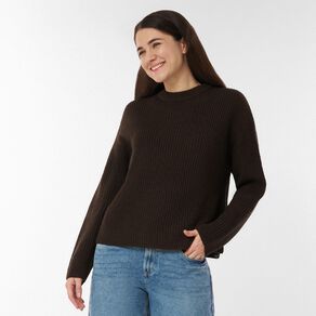H&H Women's Long Sleeve Boxy Cotton Like Rib Crew