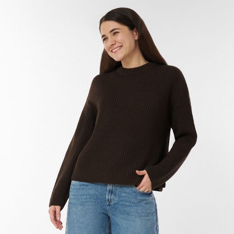 H&H Women's Long Sleeve Boxy Cotton Like Rib Crew, Brown Dark, hi-res